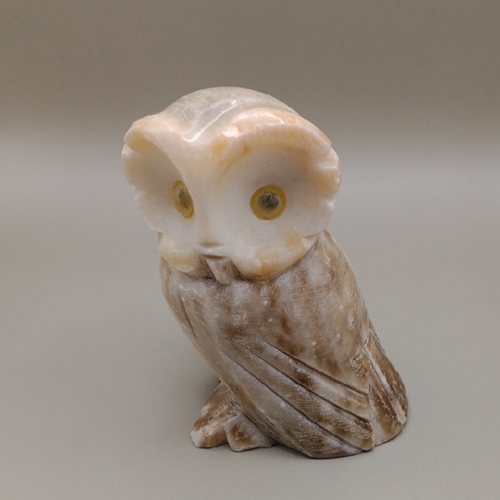 Genuine Alabaster From Italy Cream and Brown Decorative Owl Accent